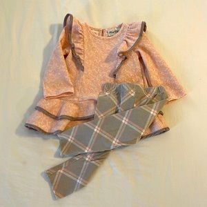LIKE NEW Rare Editions Pink & Gray Ruffled Blouse & Argyle Leggings Outfit (18M)